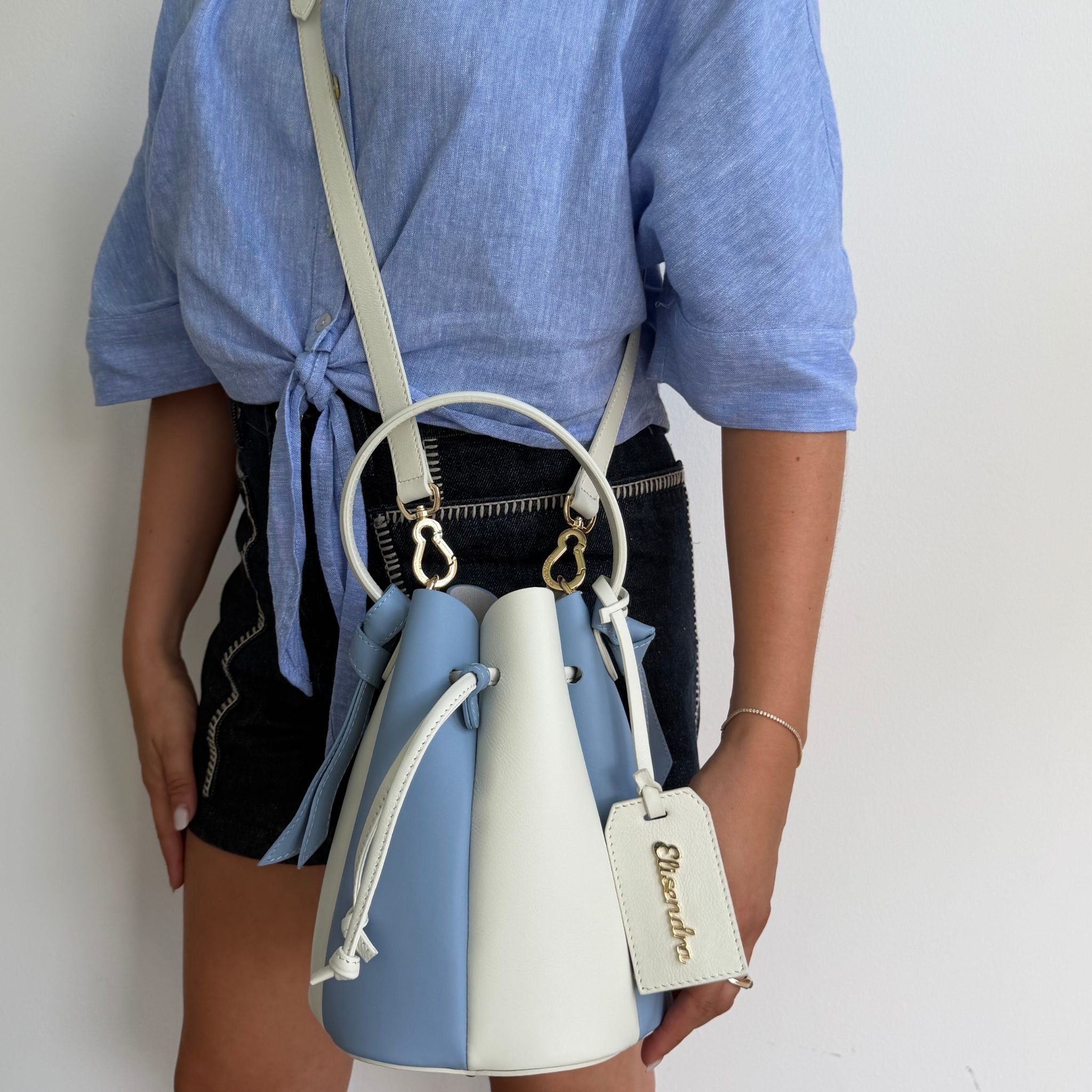 Borsa a mano Mini Balloon Bicolor Ivory e Baby Blu Pelle Liscia Oro SPEDIZIONE DAL 13/07