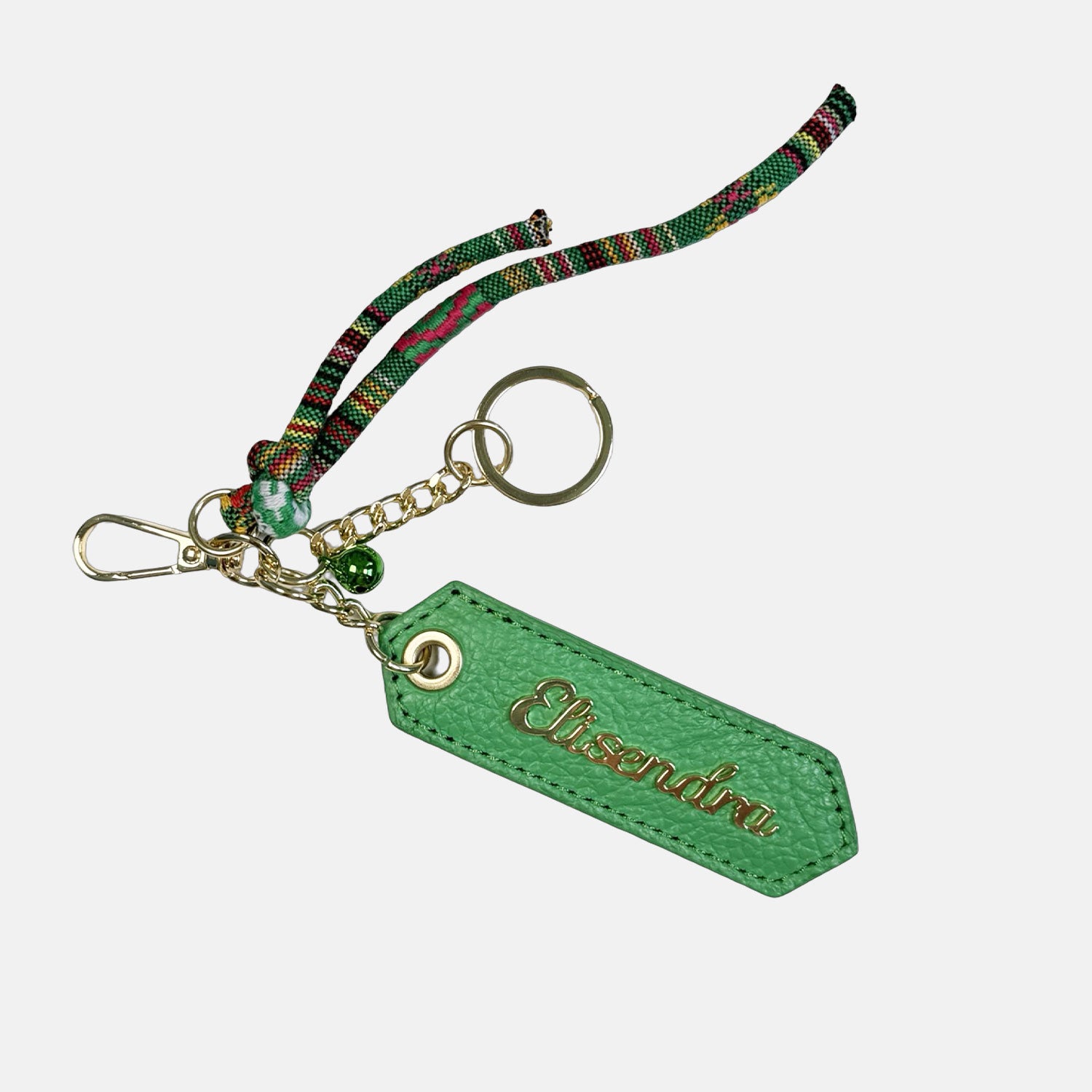 Porta chiavi Charm con corda, campanello e moschettone Basilico Pelle Martellata Oro