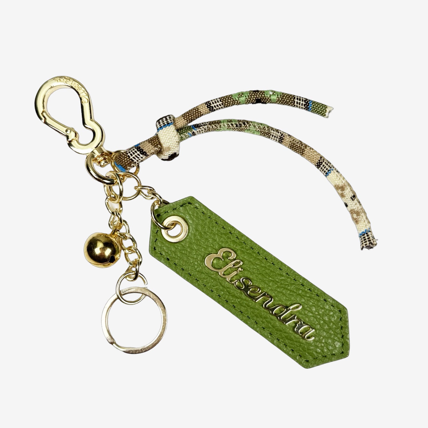 Porta chiavi Charm con corda, campanello e moschettone Pistacchio Pelle Martellata Oro