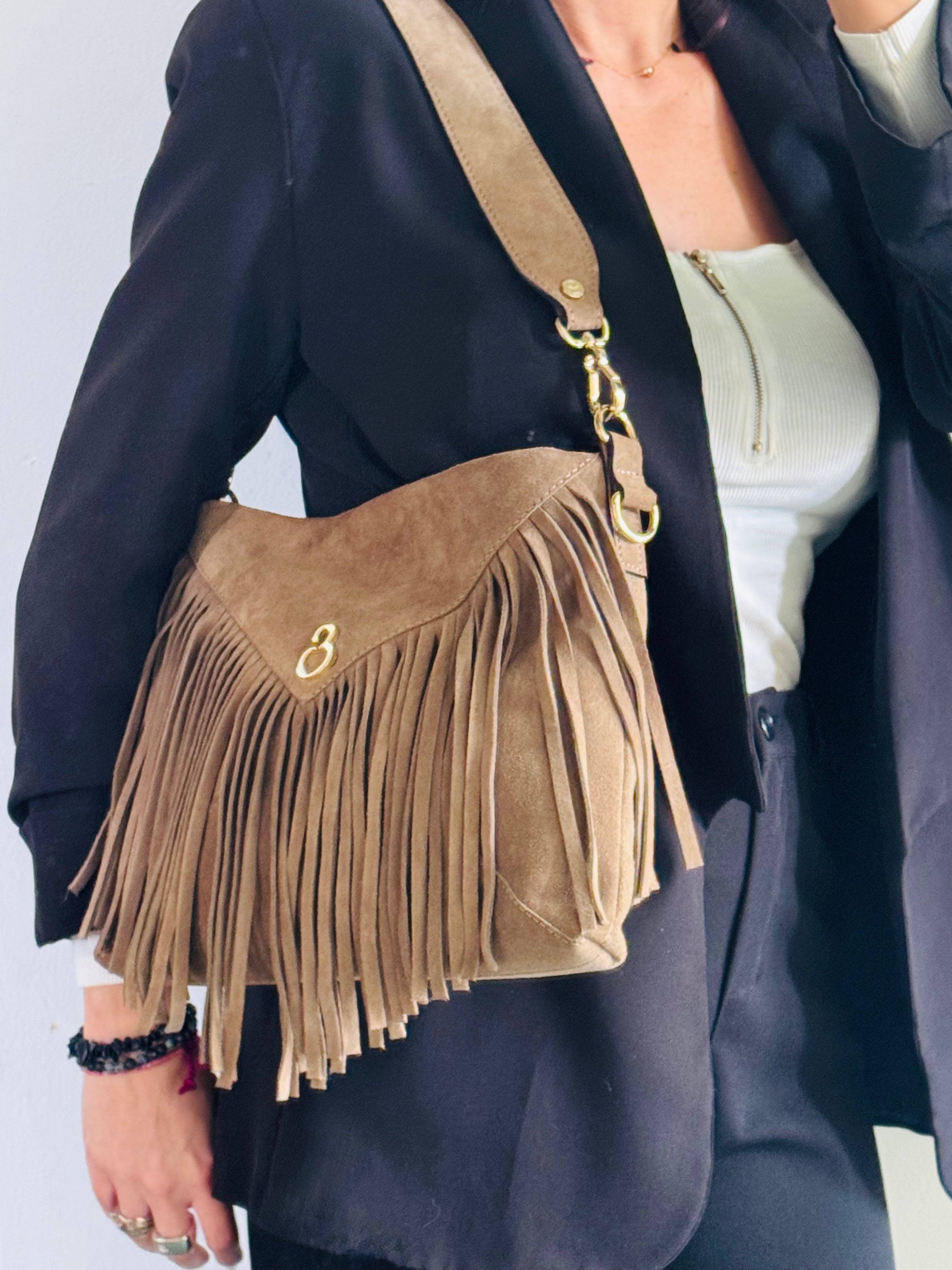 Borsa a Spalla Ameliè Cioccolato Pelle Camoscio Oro