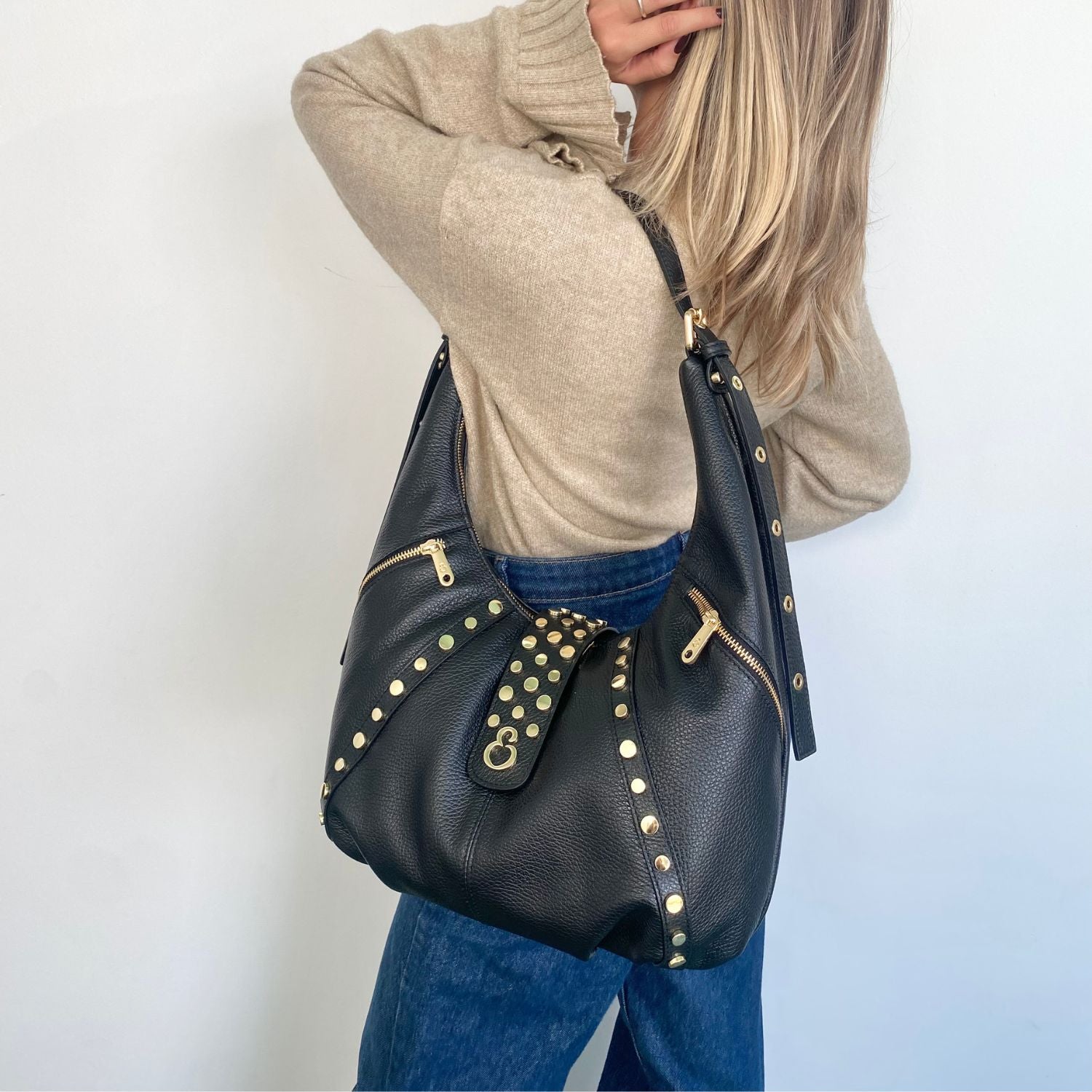 Borsa a spalla Wendy Nera Pelle Martellata Oro