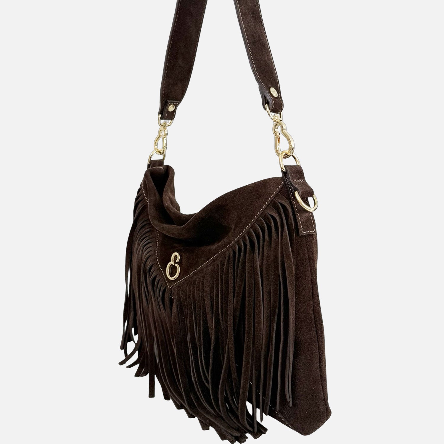 Borsa a Spalla Ameliè Cioccolato Pelle Camoscio Oro