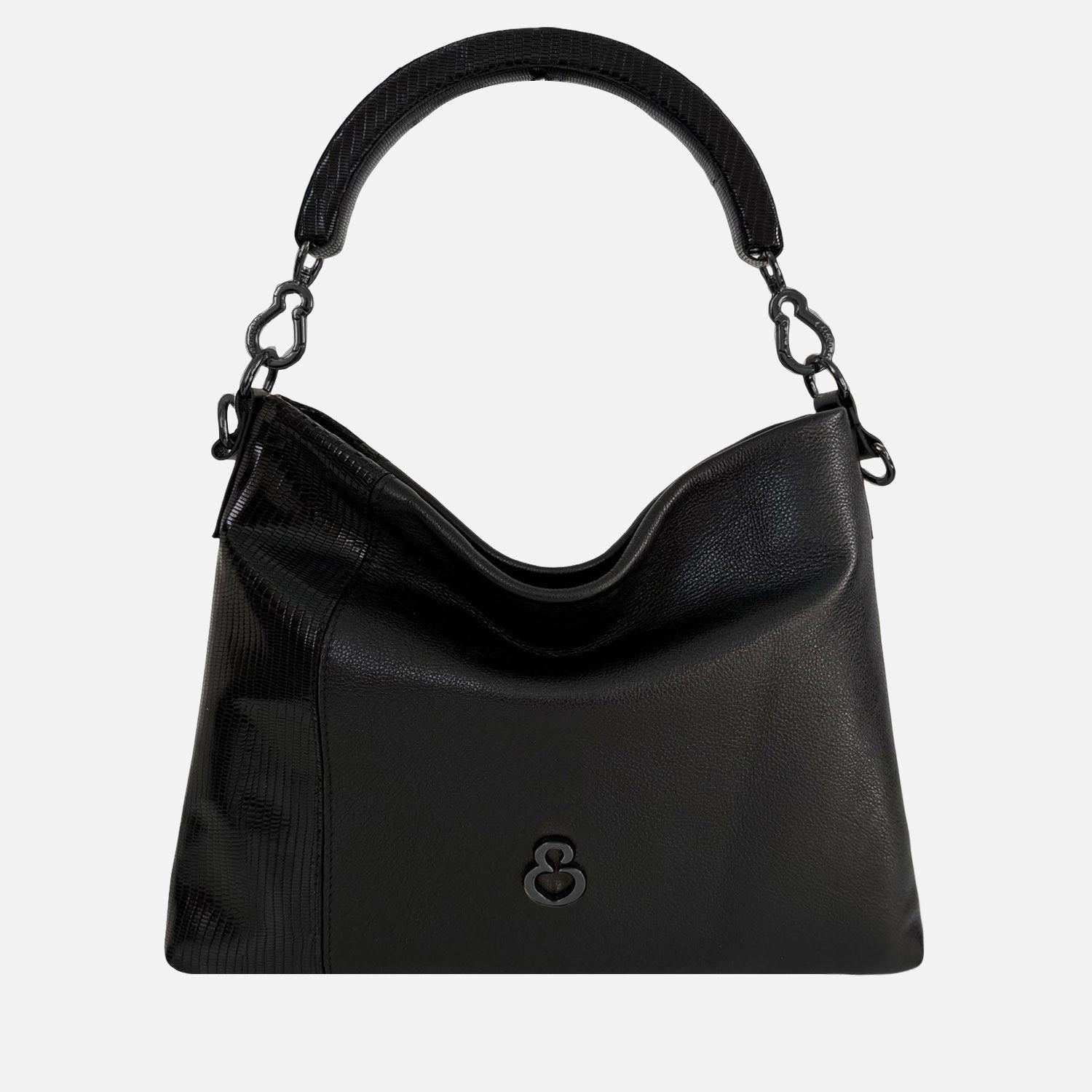 Borsa a mano Monè Nero Pelle liscia con dettaglio pelle stampa lucertolina nera Dark