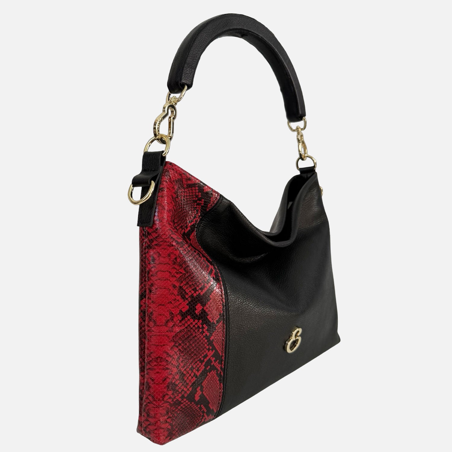 Borsa a mano Monè Nero Pelle liscia con dettaglio pelle stampa pitonata rossa Oro