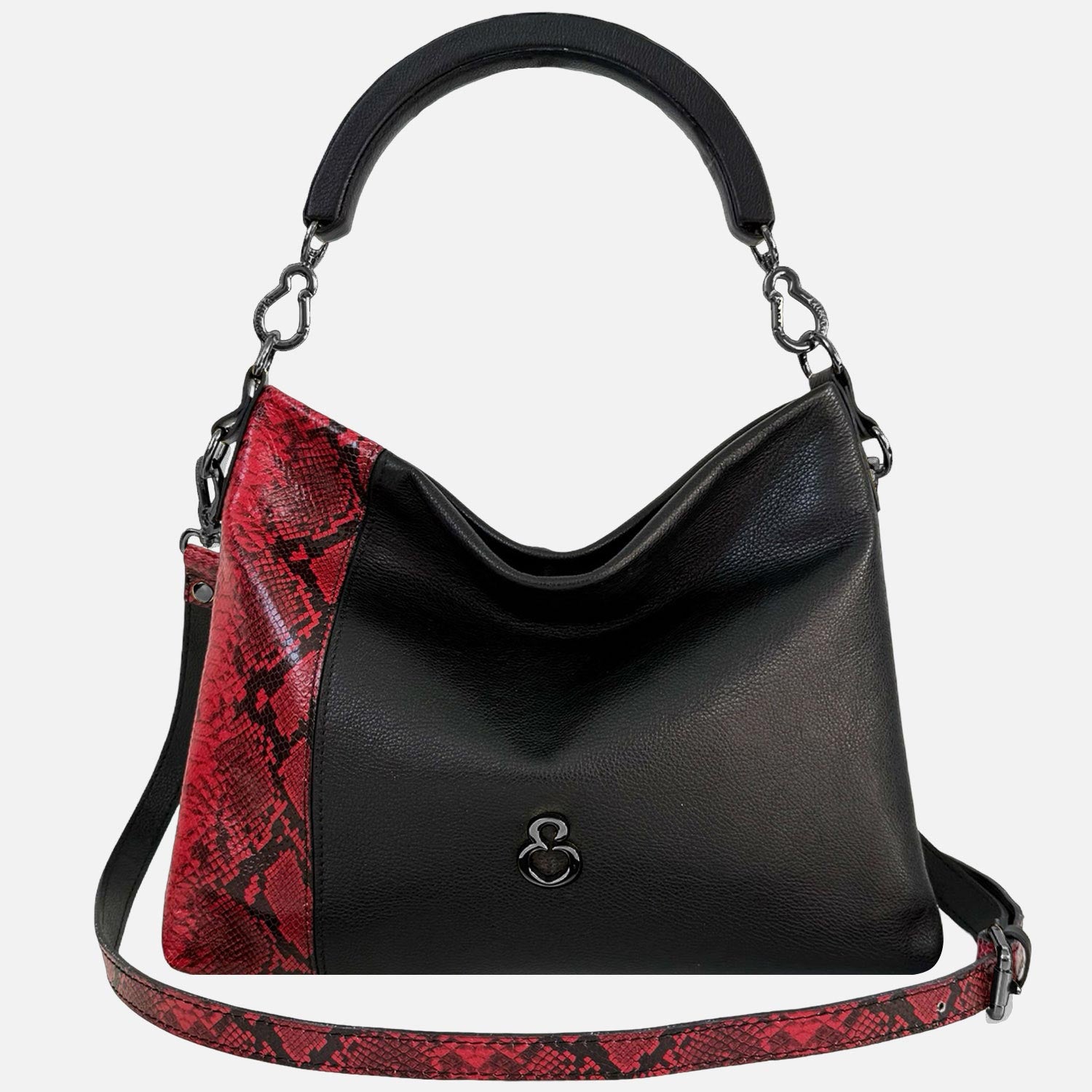 Borsa a mano Monè Nero Pelle liscia con dettaglio pelle stampa pitonata rossa Dark