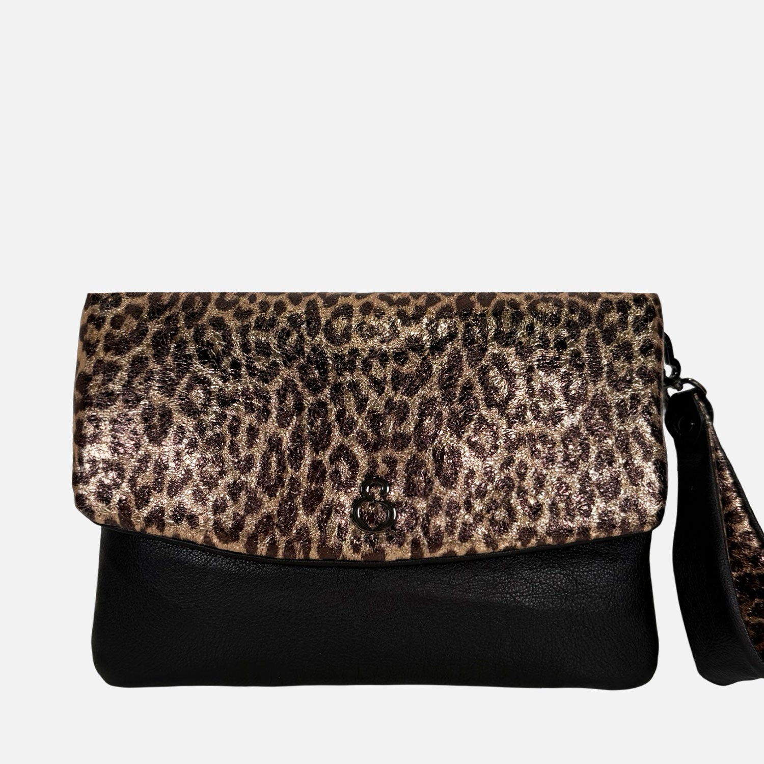 Borsa a mano Giselle Nero Pelle liscia con pattina leopardata laminata Dark