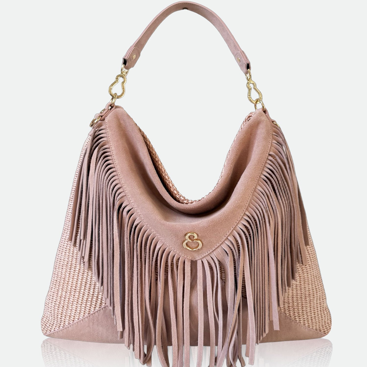 Borsa a spalla Camille Rosa Polvere Pelle Camoscio e Rafia Oro SPEDIZIONE DAL 30/04