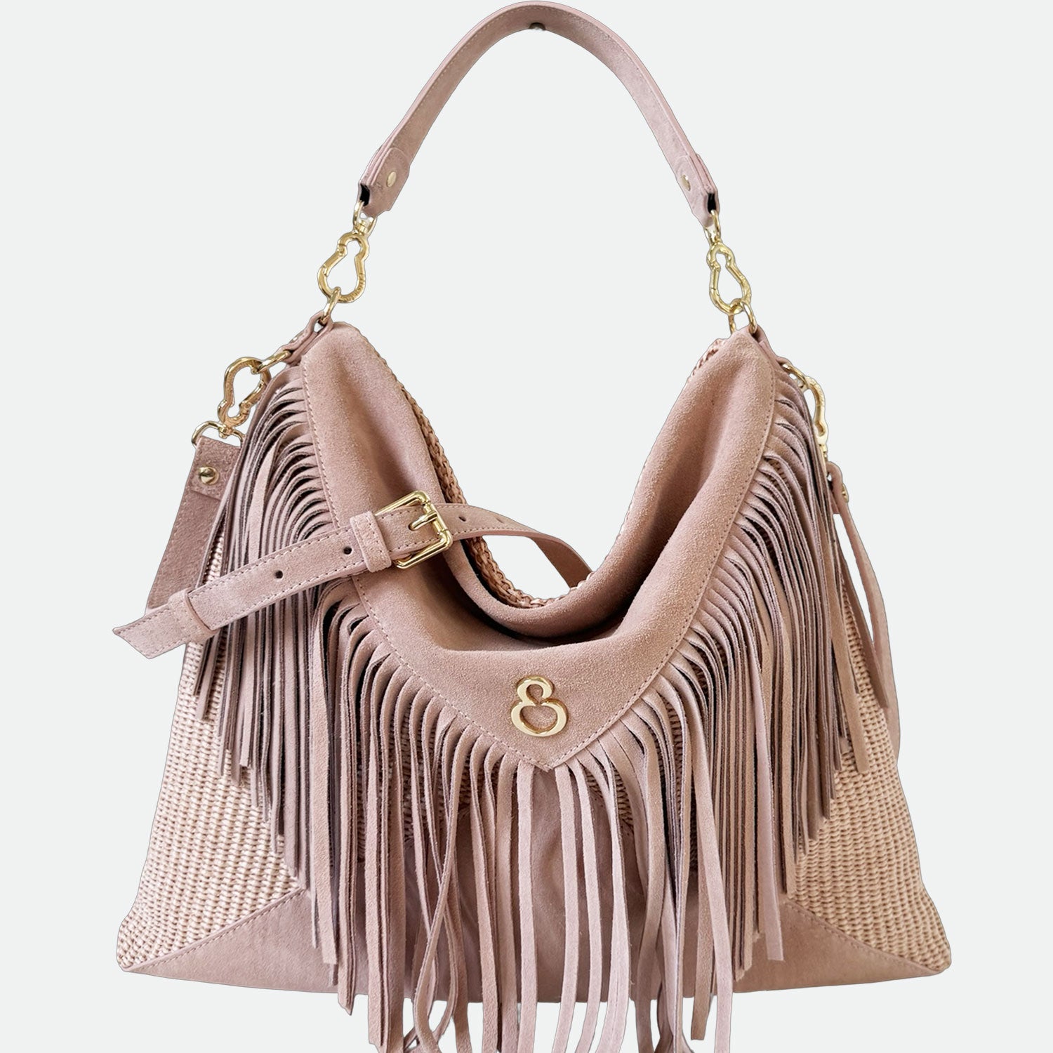 Borsa a spalla Camille Rosa Polvere Pelle Camoscio e Rafia Oro SPEDIZIONE DAL 30/04