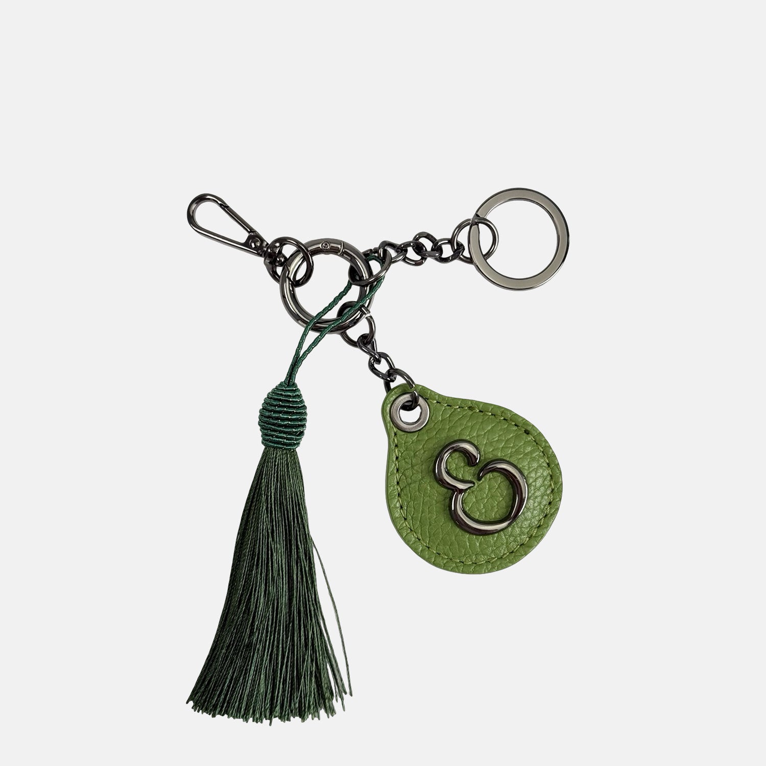 Porta chiavi Goccia con nappa e anello Pistacchio Pelle Martellata Dark