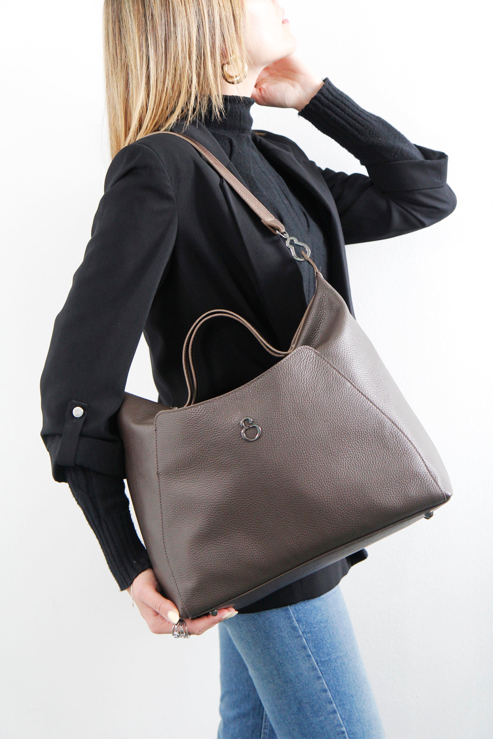 Borsa a spalla City Cioccolato Pelle Martellata Dark