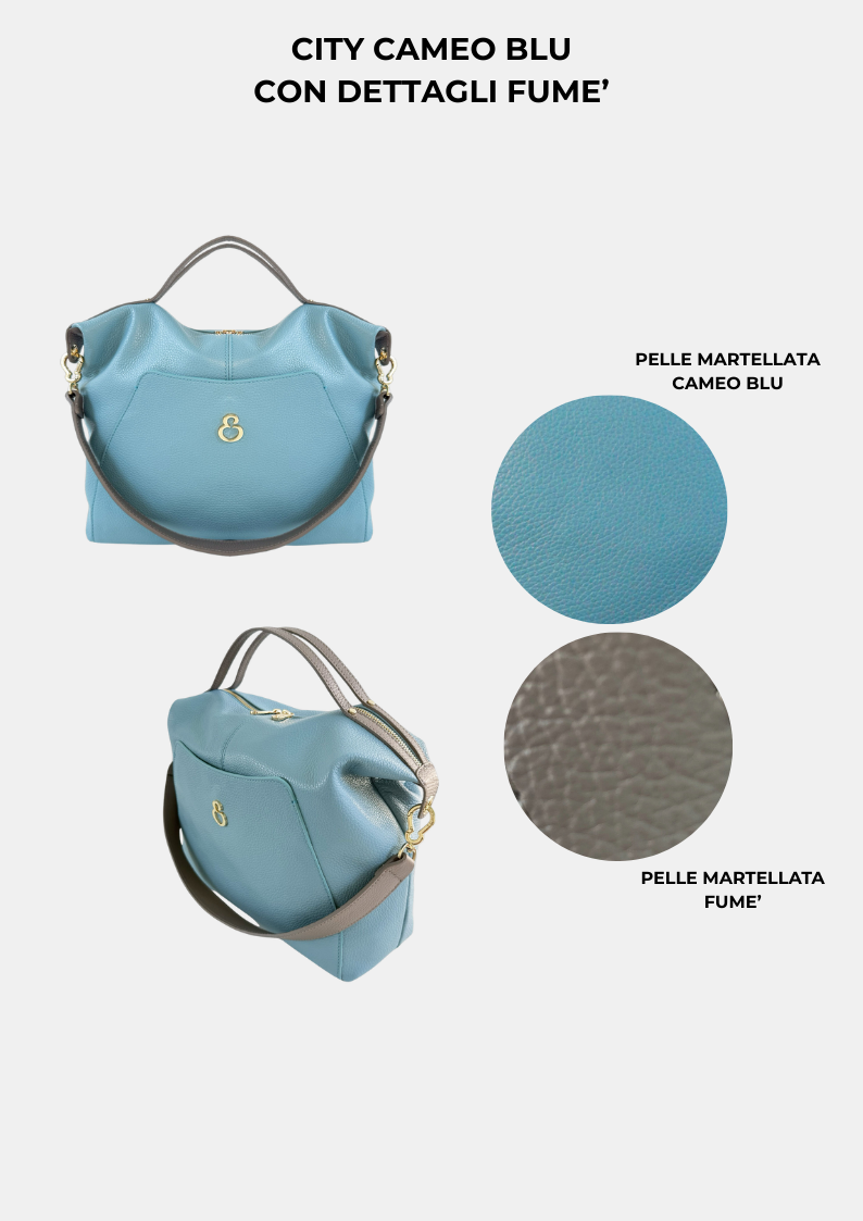 Borsa a mano City Cameo Blu Pelle Martellata Oro