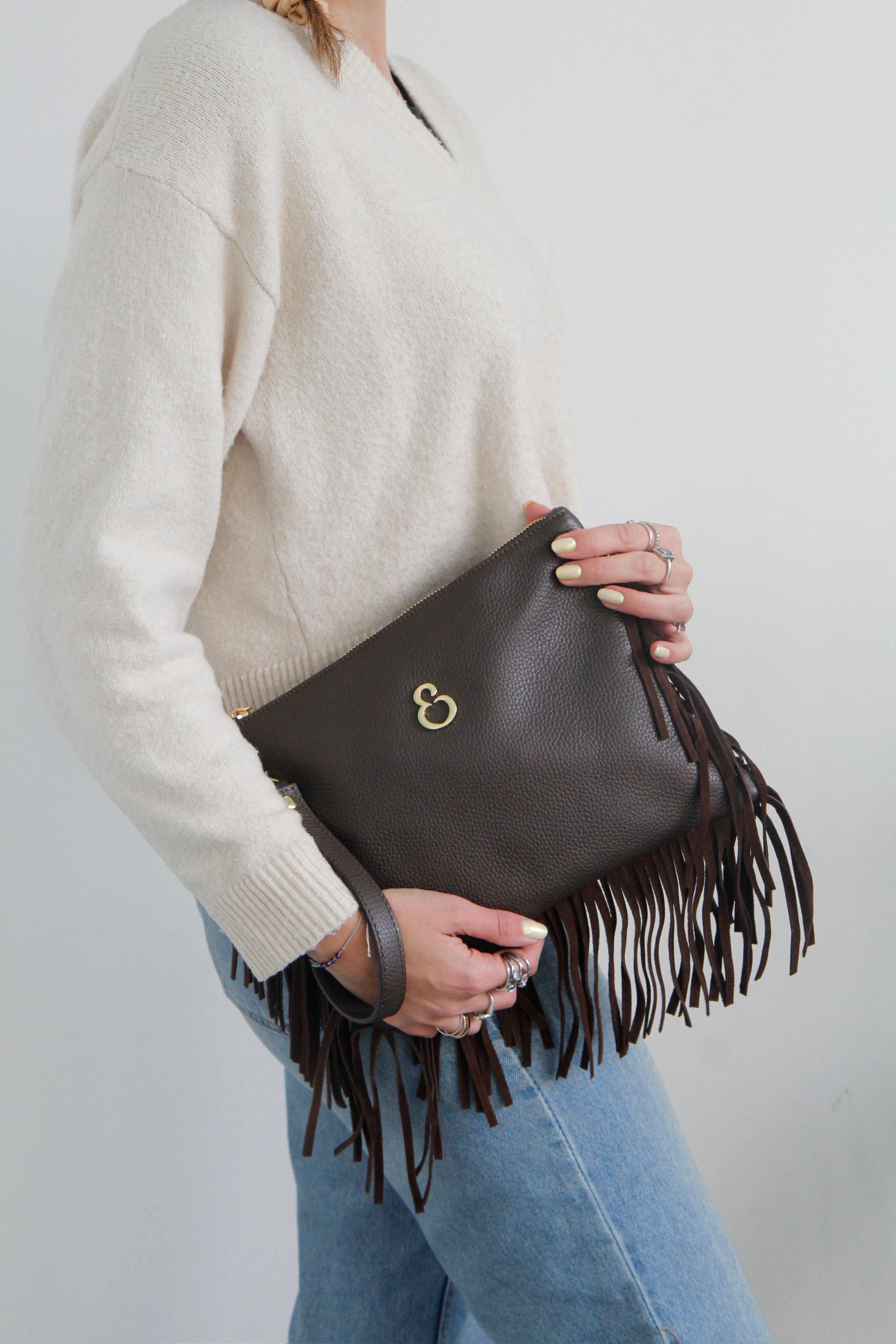 Borsa a mano Grazia Rodeo Cioccolato Pelle Martellata e Suede Oro