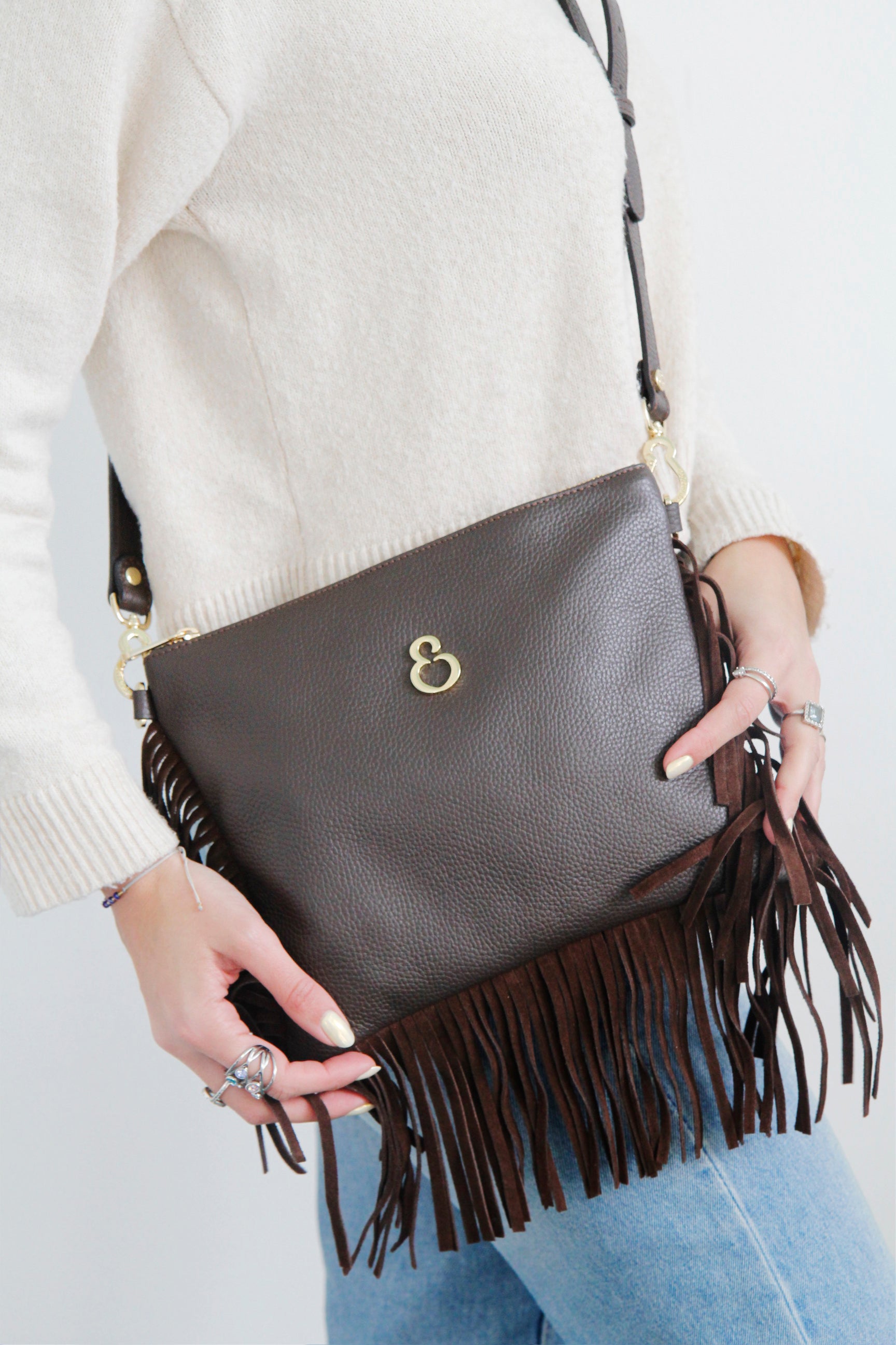 Borsa a mano Grazia Rodeo Cioccolato Pelle Martellata e Suede Oro