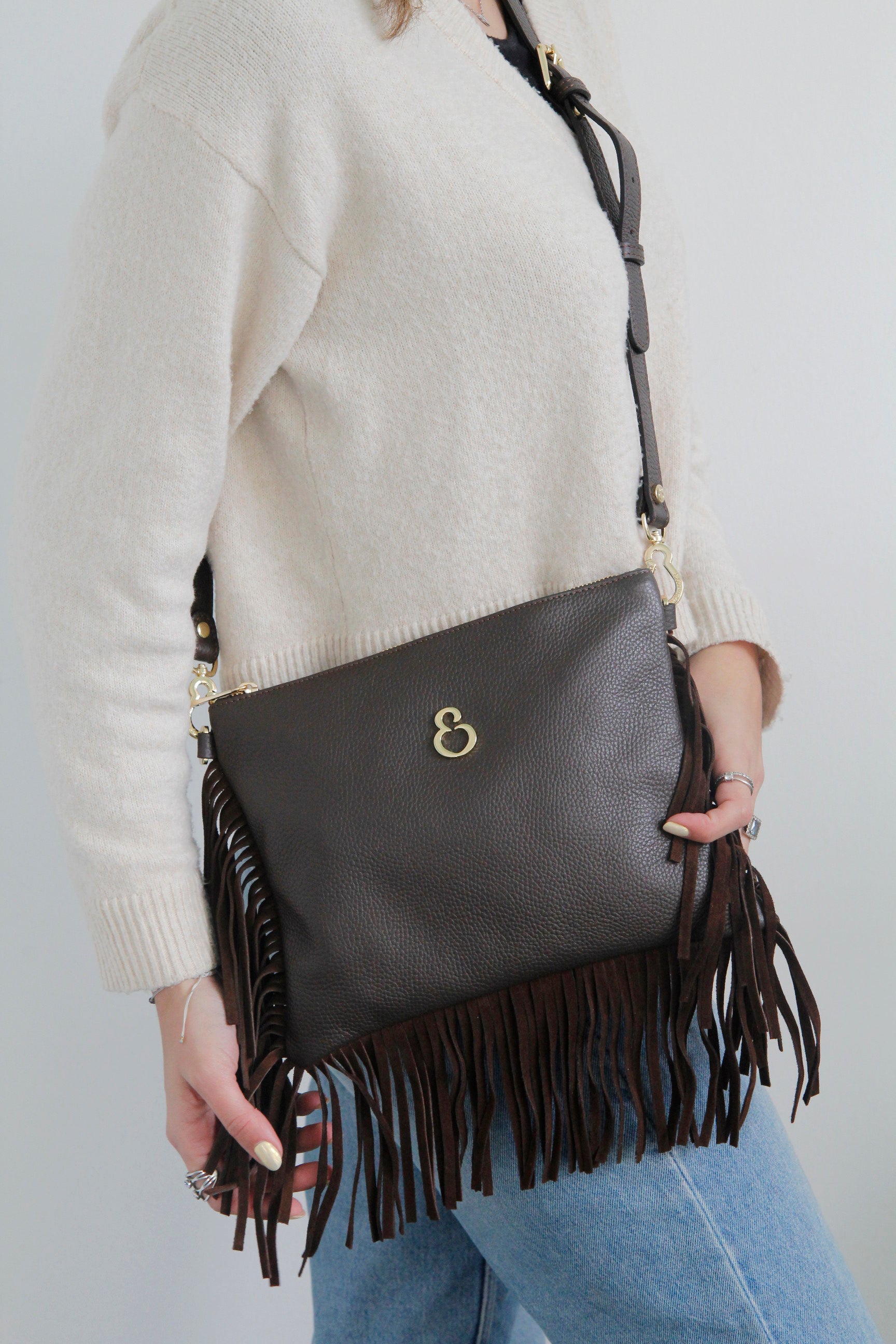 Borsa a mano Grazia Rodeo Cioccolato Pelle Martellata e Suede Oro