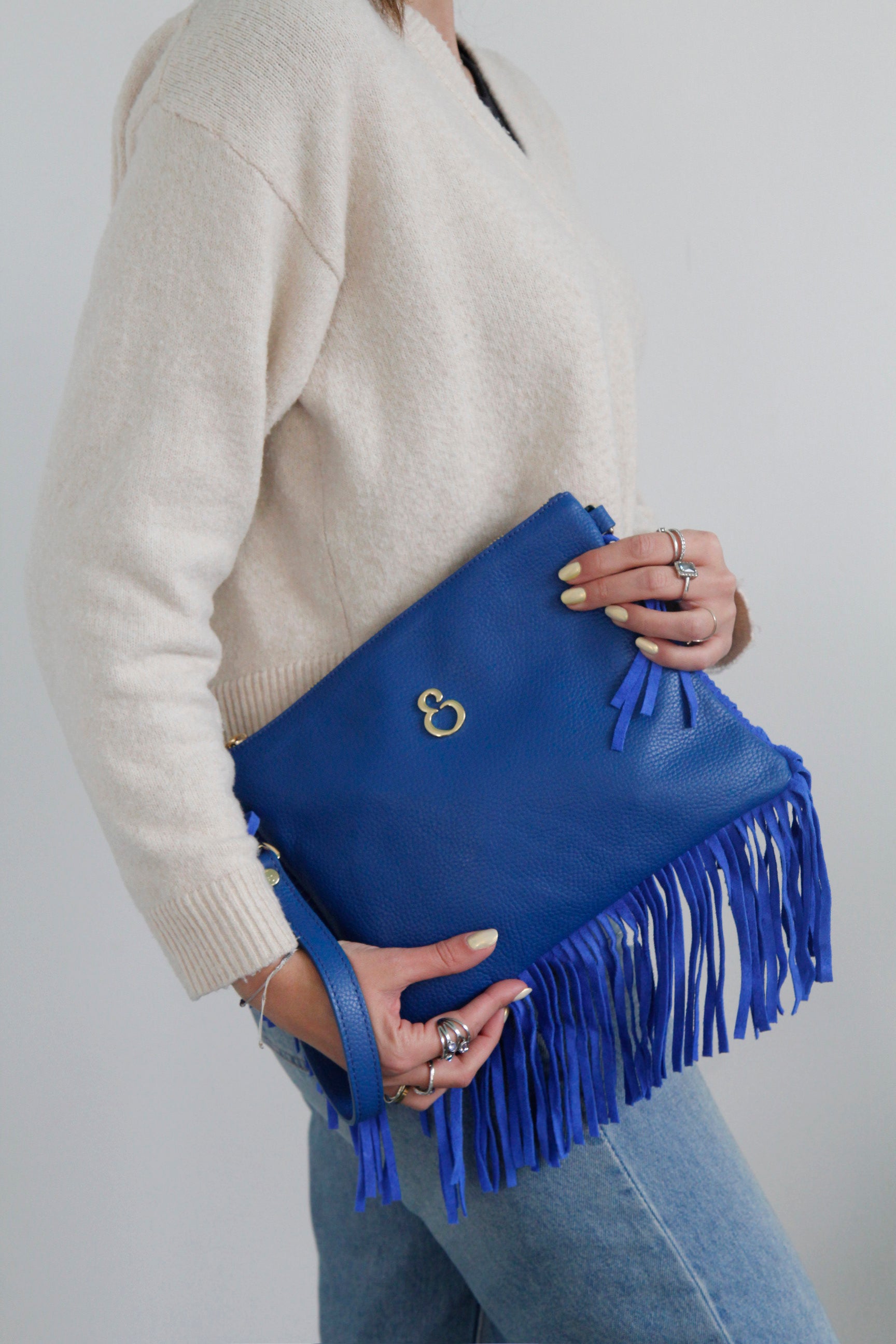 Borsa a mano Grazia Rodeo Zaffiro Pelle Martellata e Suede Oro