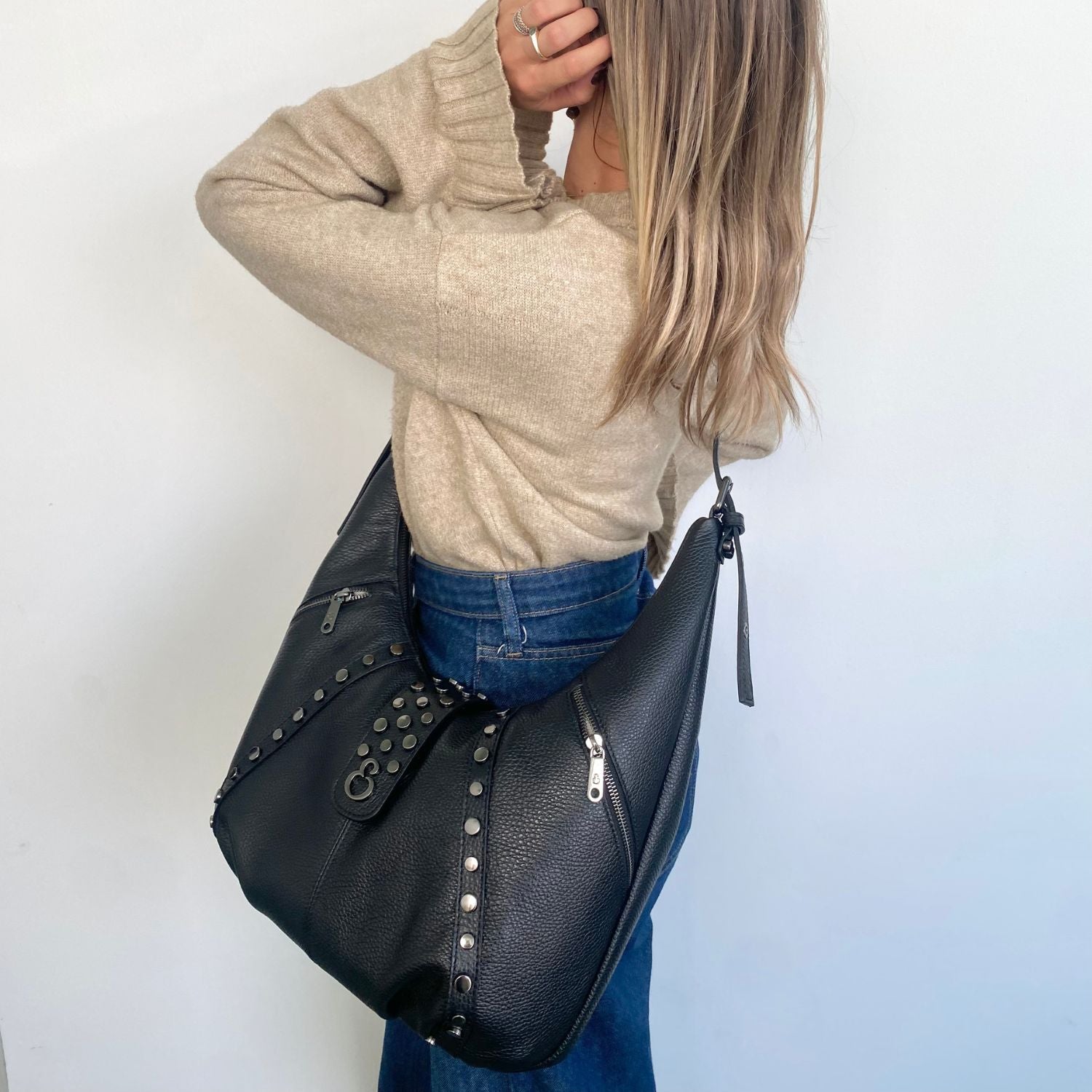 Borsa a spalla Wendy Nera Pelle Martellata Dark