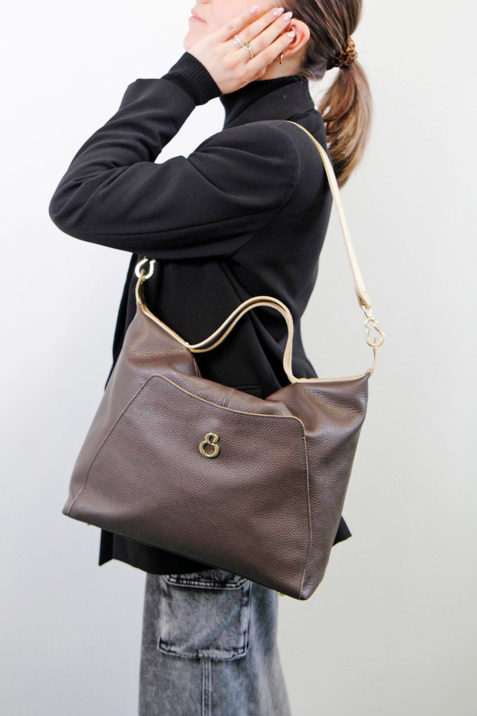 Borsa a spalla Mini City Cioccolato Pelle Martellata Oro