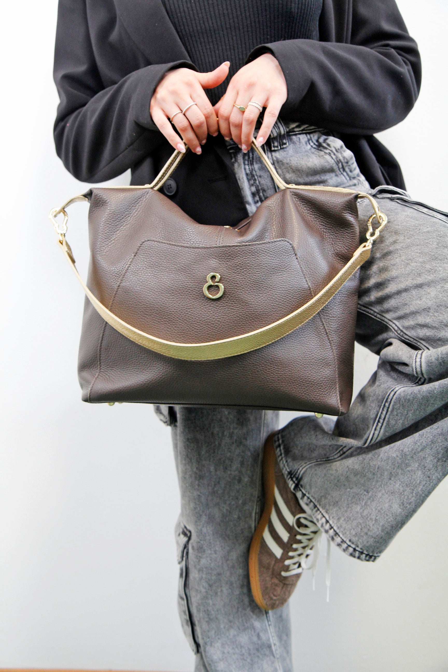Borsa a spalla Mini City Cioccolato Pelle Martellata Oro