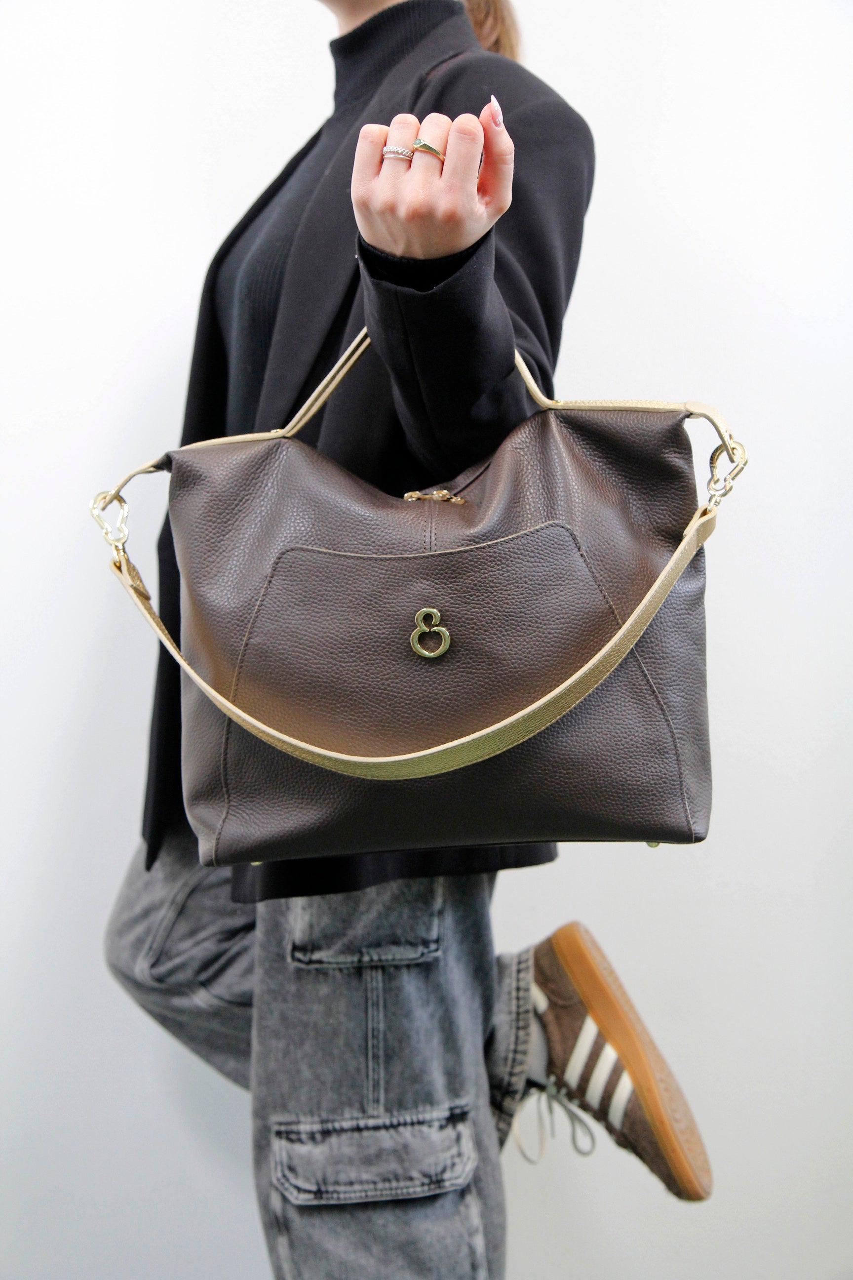 Borsa a spalla Mini City Cioccolato Pelle Martellata Oro