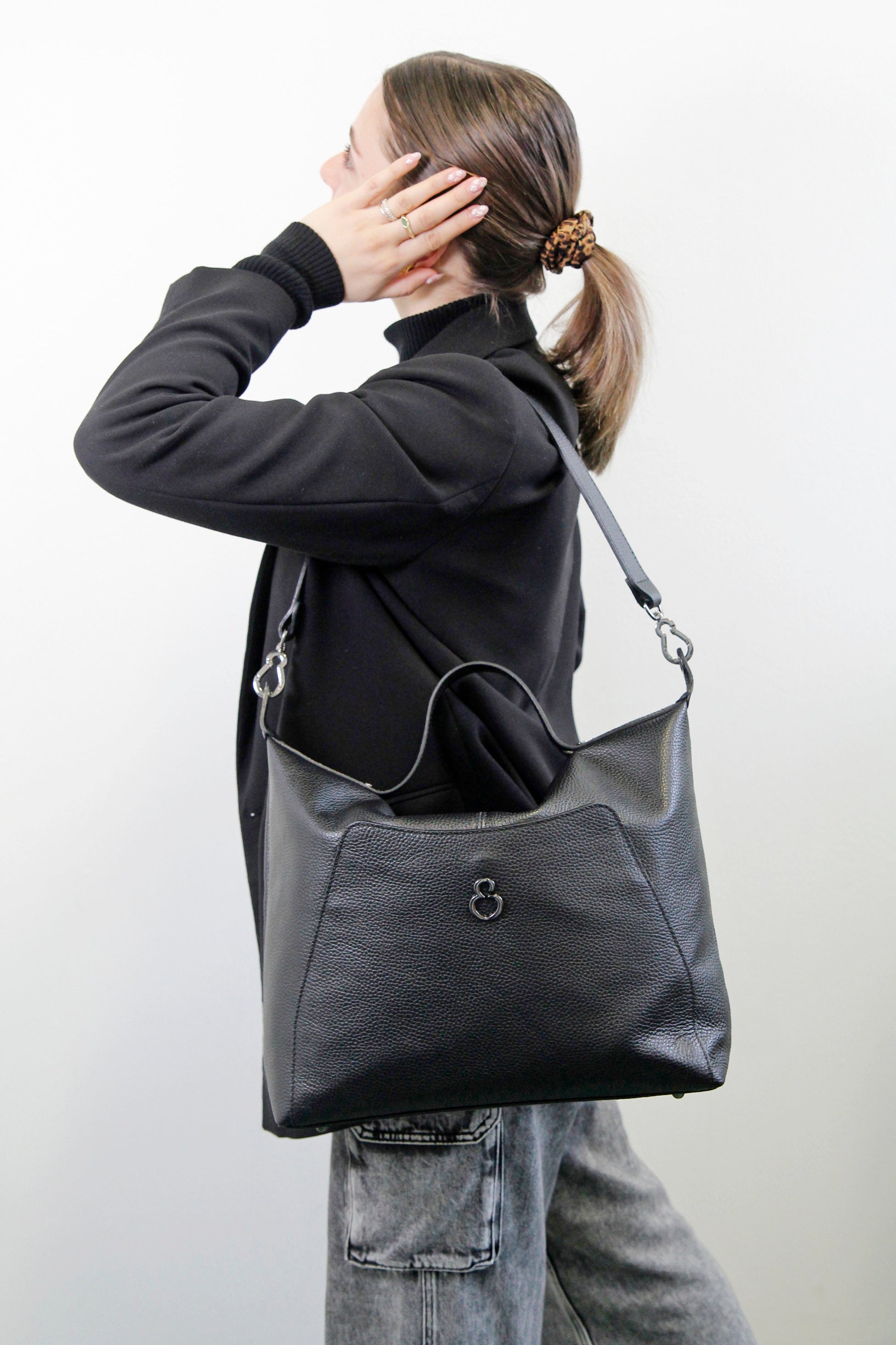 Borsa a spalla Mini City Nero Pelle Martellata Dark