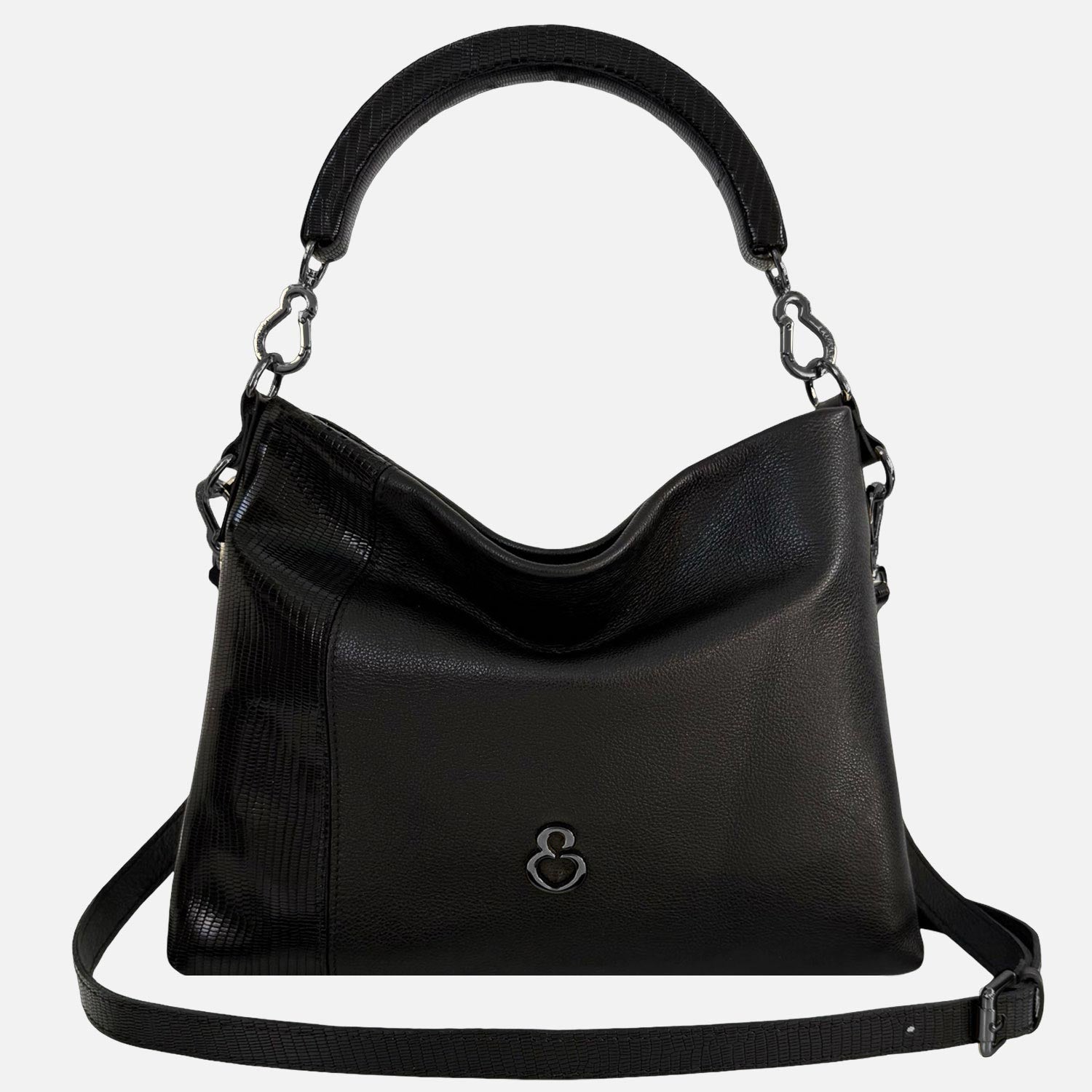 Borsa a mano Monè Nero Pelle liscia con dettaglio pelle stampa lucertolina nera Dark