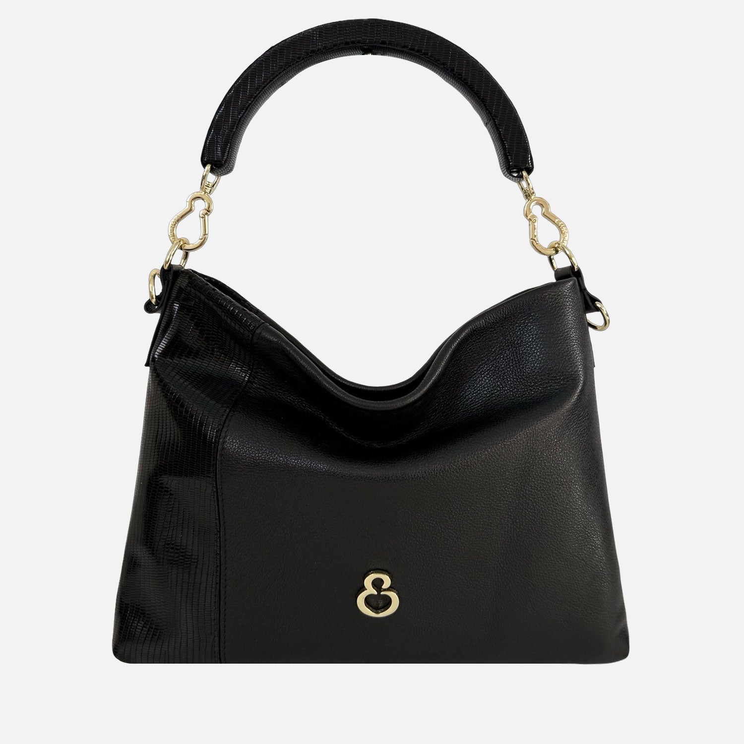 Borsa a mano Monè Nero Pelle liscia con dettaglio pelle stampa lucertolina nera Oro