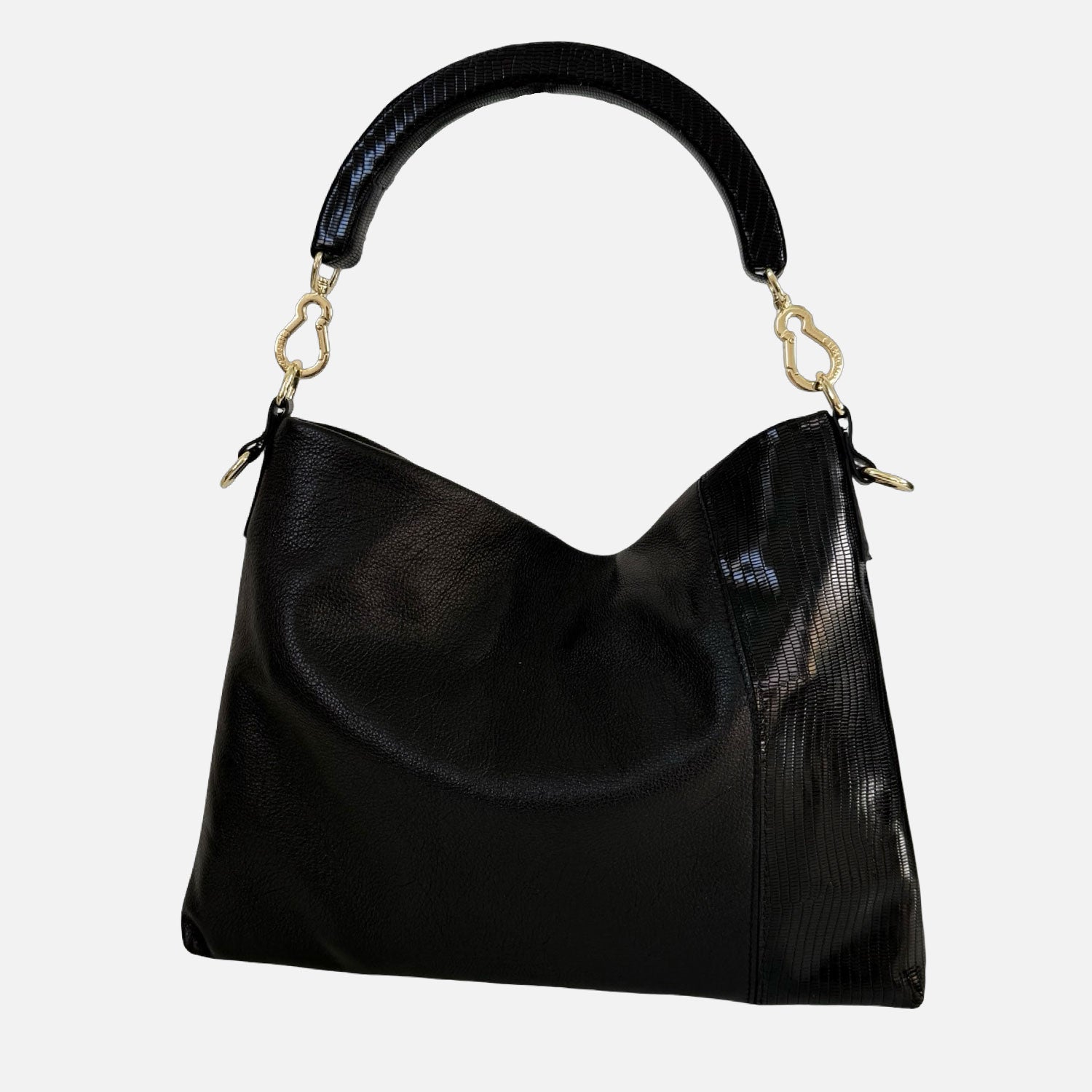 Borsa a mano Monè Nero Pelle liscia con dettaglio pelle stampa lucertolina nera Oro