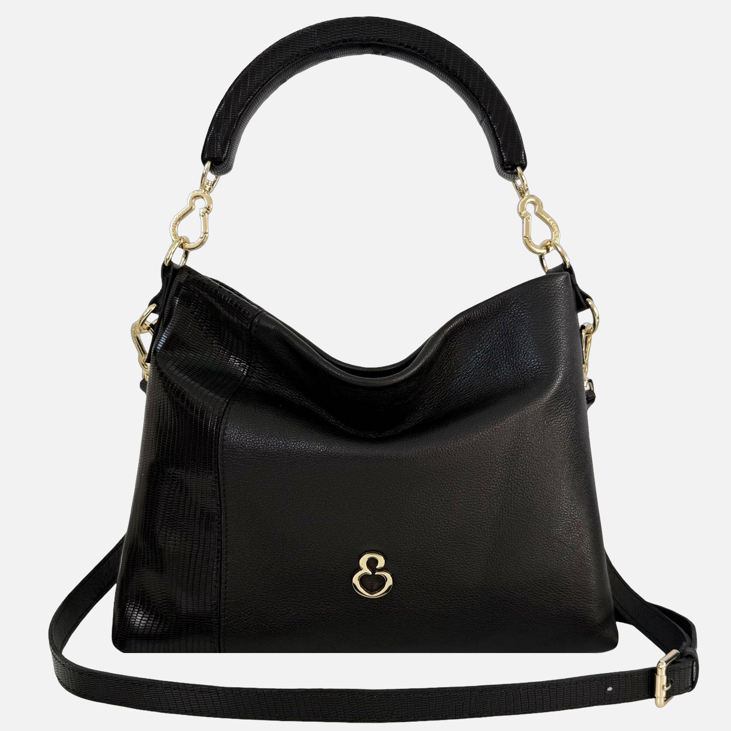 Borsa a mano Monè Nero Pelle liscia con dettaglio pelle stampa lucertolina nera Oro