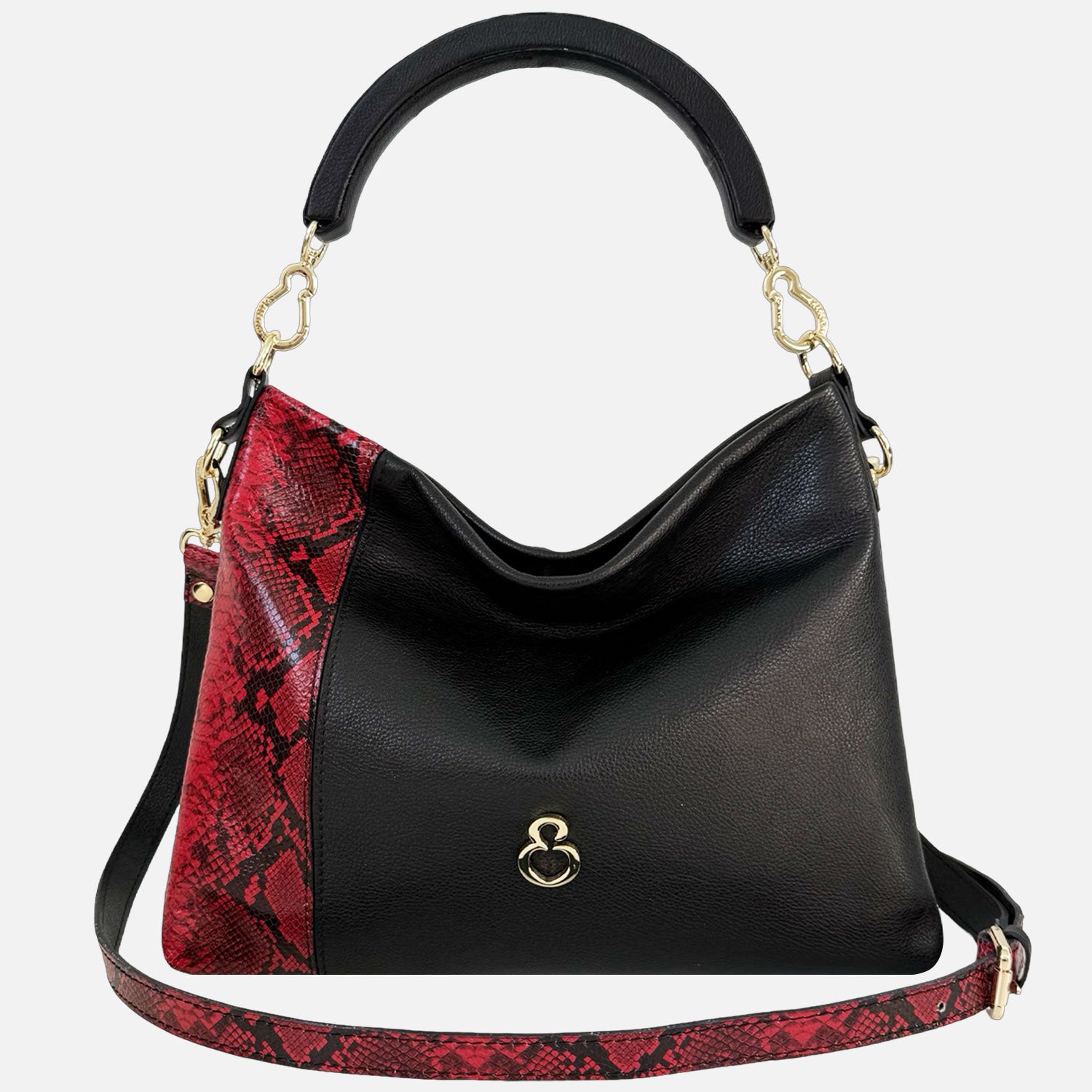 Borsa a mano Monè Nero Pelle liscia con dettaglio pelle stampa pitonata rossa Oro