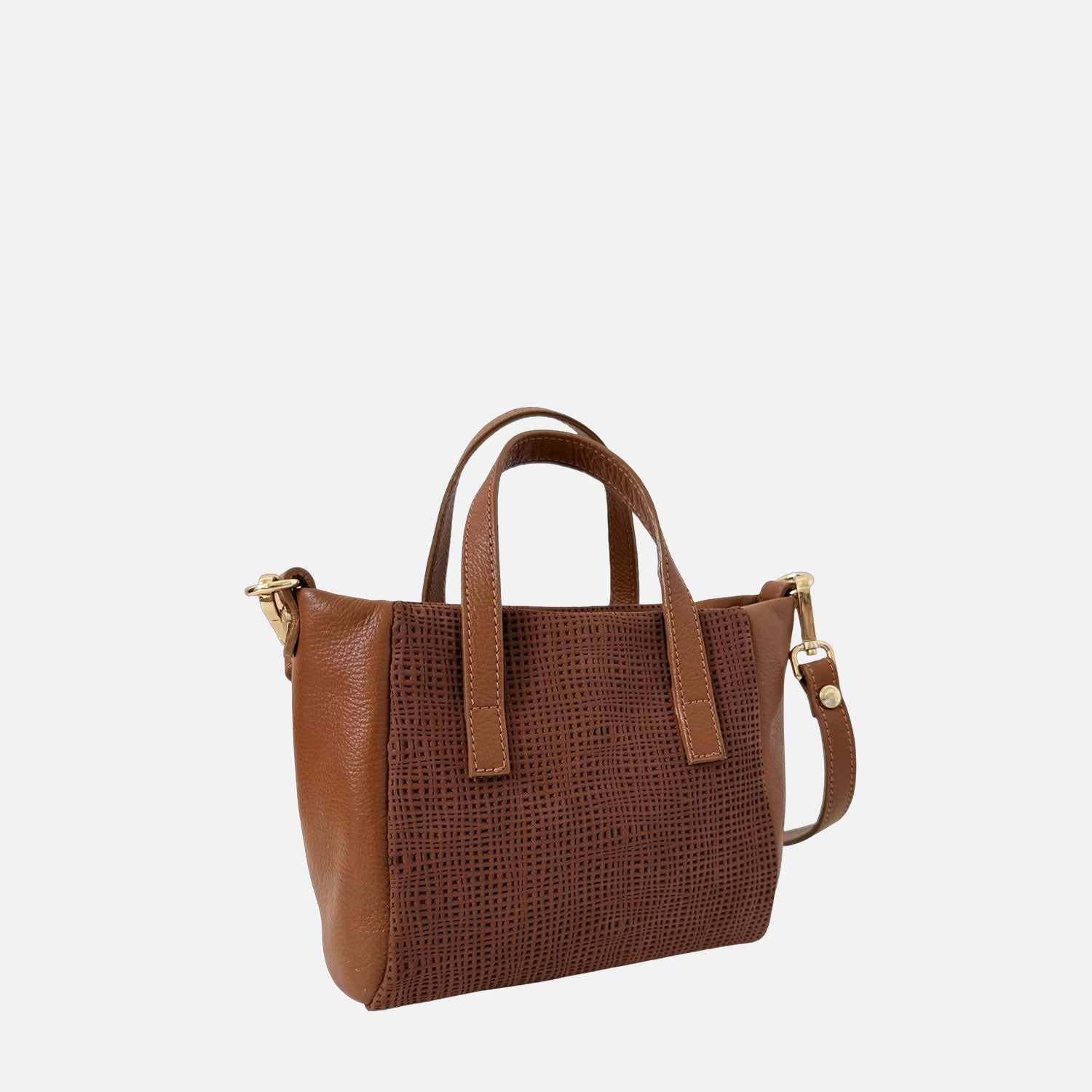 Borsa a mano Novella Mini Texture Intrecciata Cacao Cuoio Oro - Elisendra®