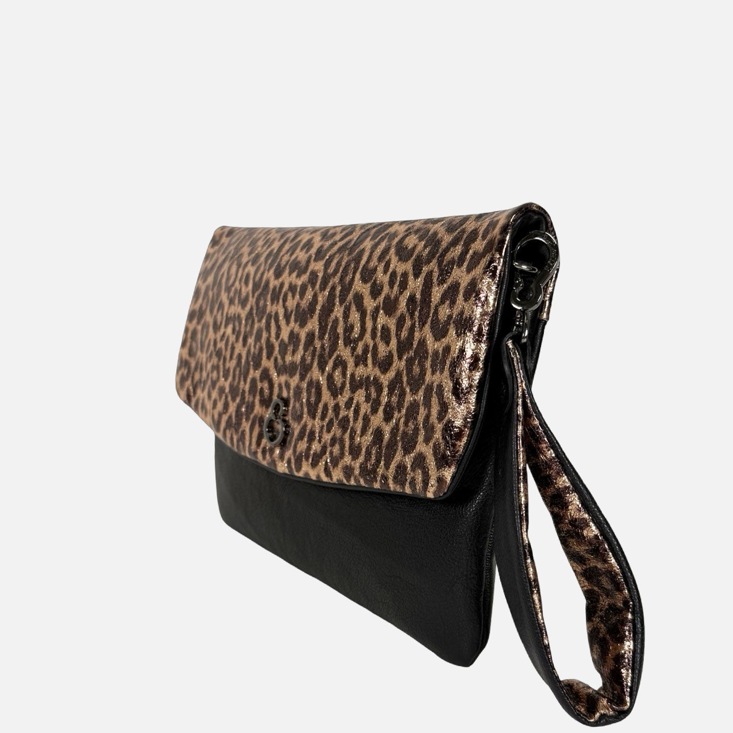 Borsa a mano Giselle Nero Pelle liscia con pattina leopardata laminata Dark