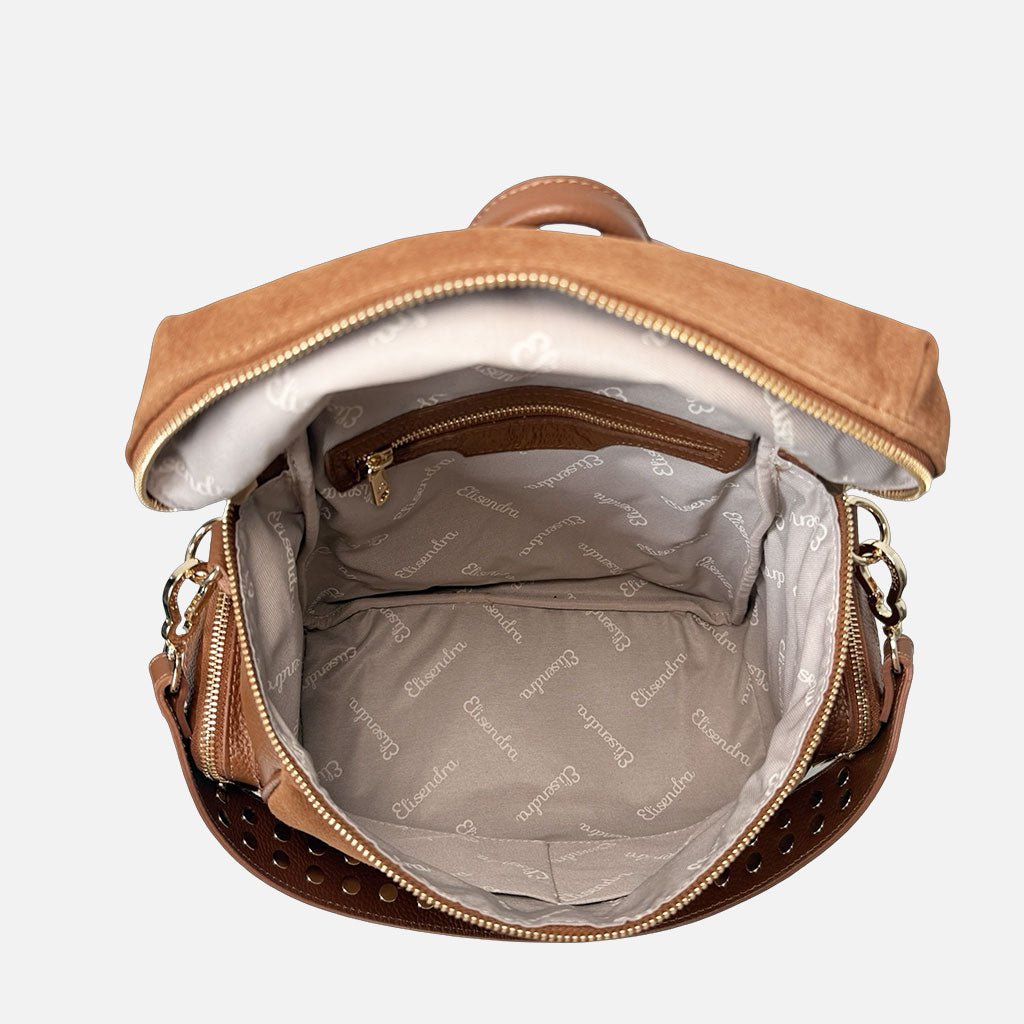 Zaino Saray Midi Rodeo Cuoio Camoscio e Pelle Martellata Oro - Elisendra®