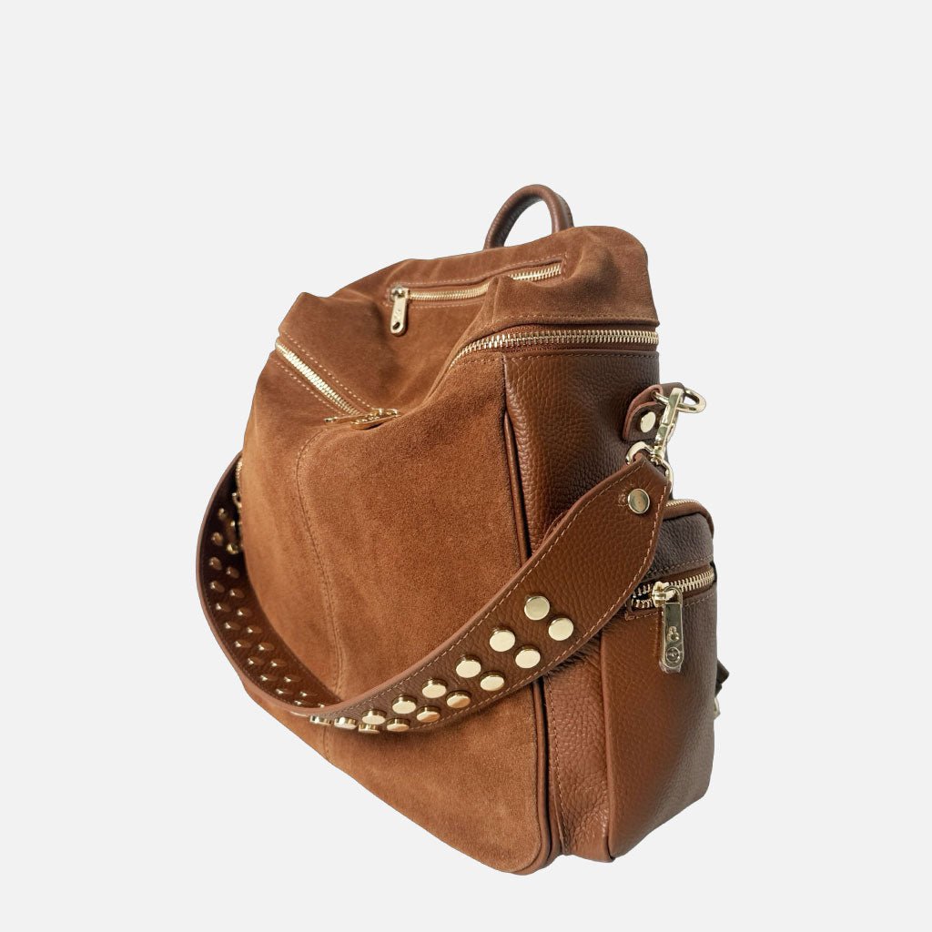 Zaino Saray Midi Rodeo Cuoio Camoscio e Pelle Martellata Oro - Elisendra®