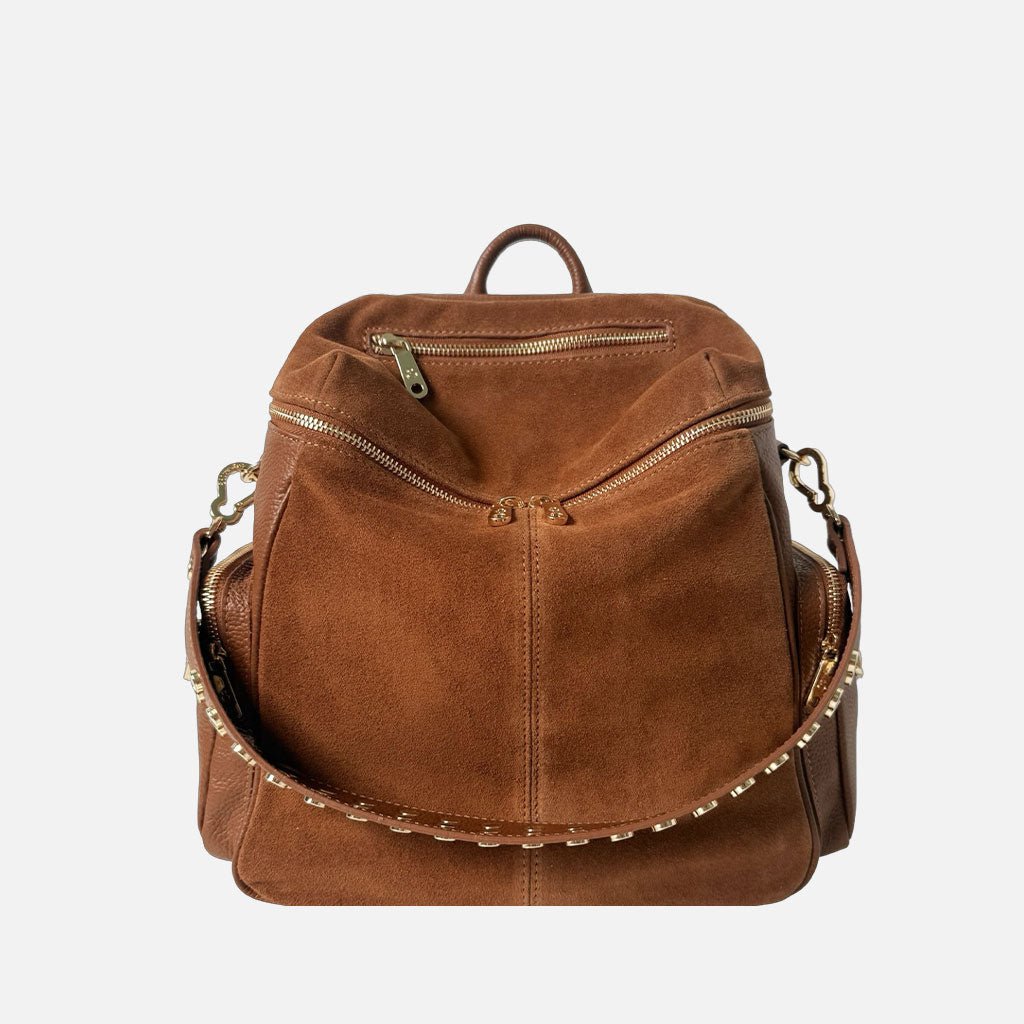 Zaino Saray Midi Rodeo Cuoio Camoscio e Pelle Martellata Oro - Elisendra®