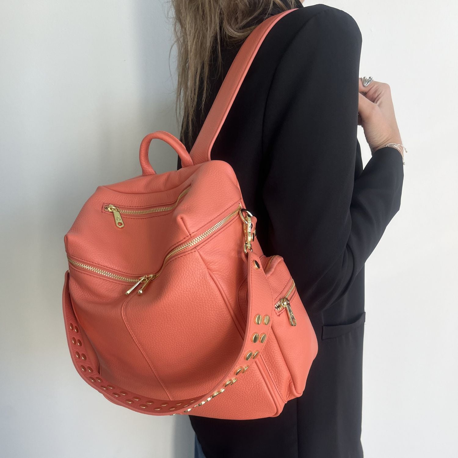 Zaino Saray Pelle Martellata Rosa Pesca Oro